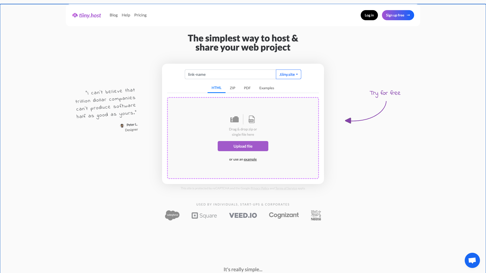 Screenshot of the Tiiny.host website
