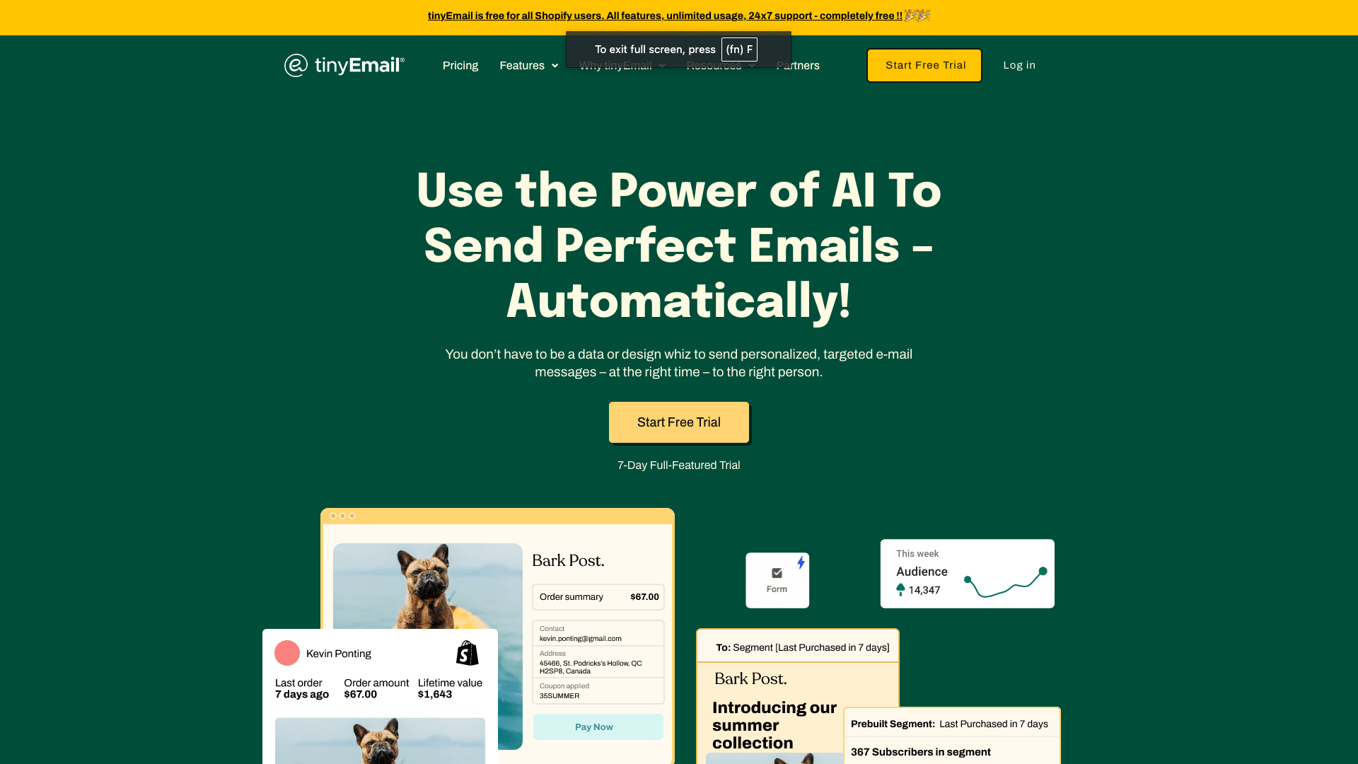 Screenshot of the tinyEmail website