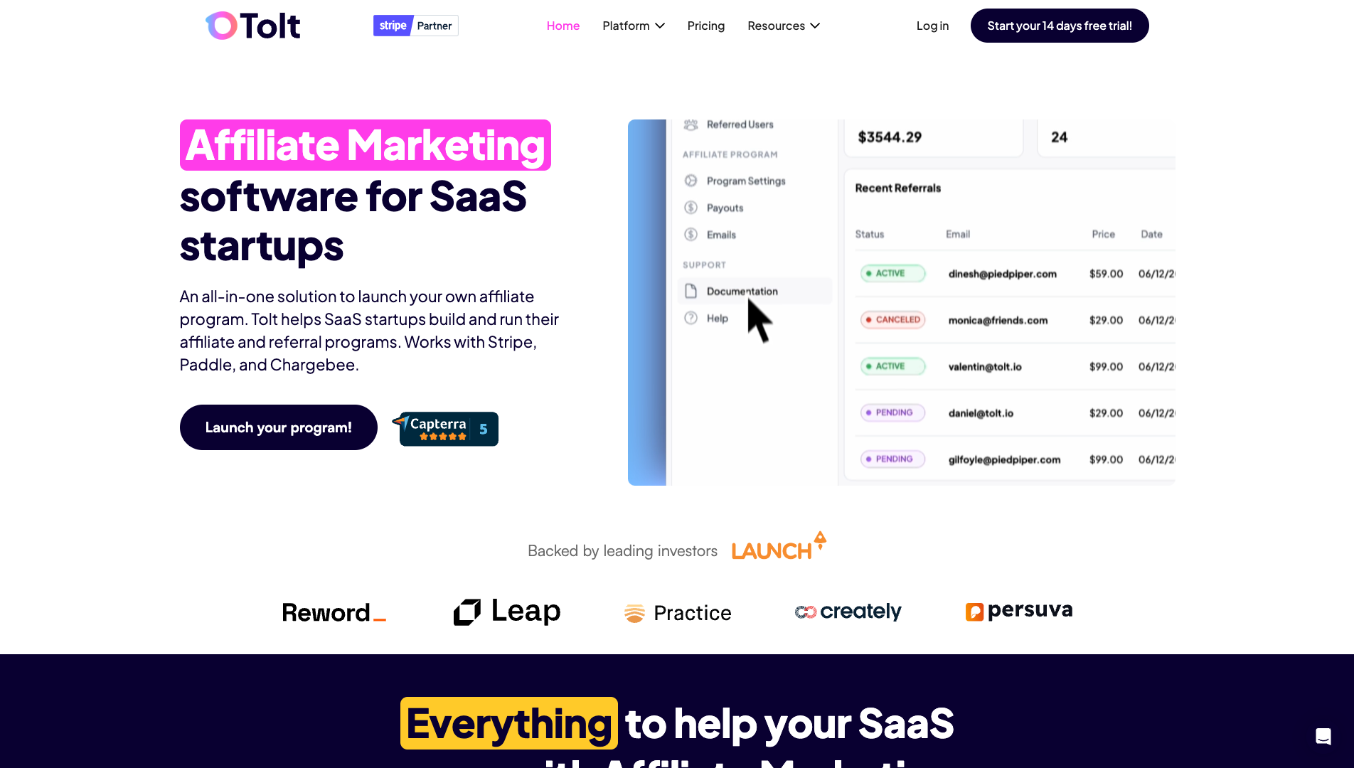 Screenshot of the Tolt website