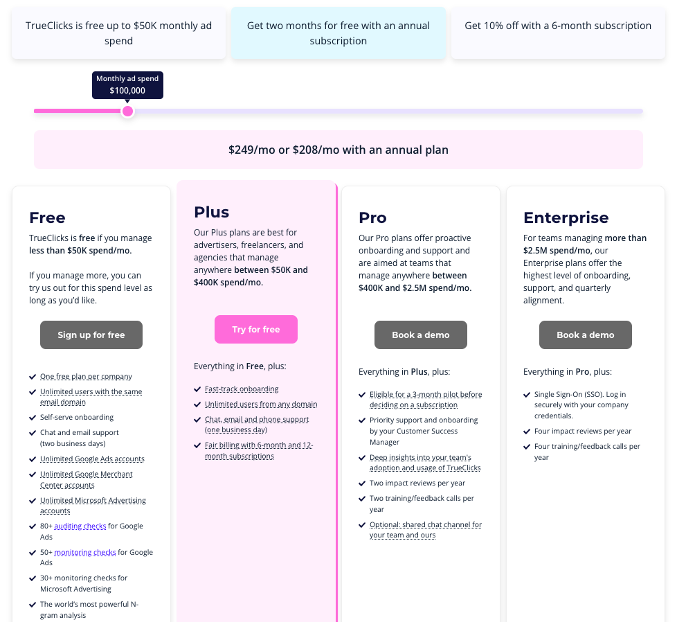 TrueClicks price plans