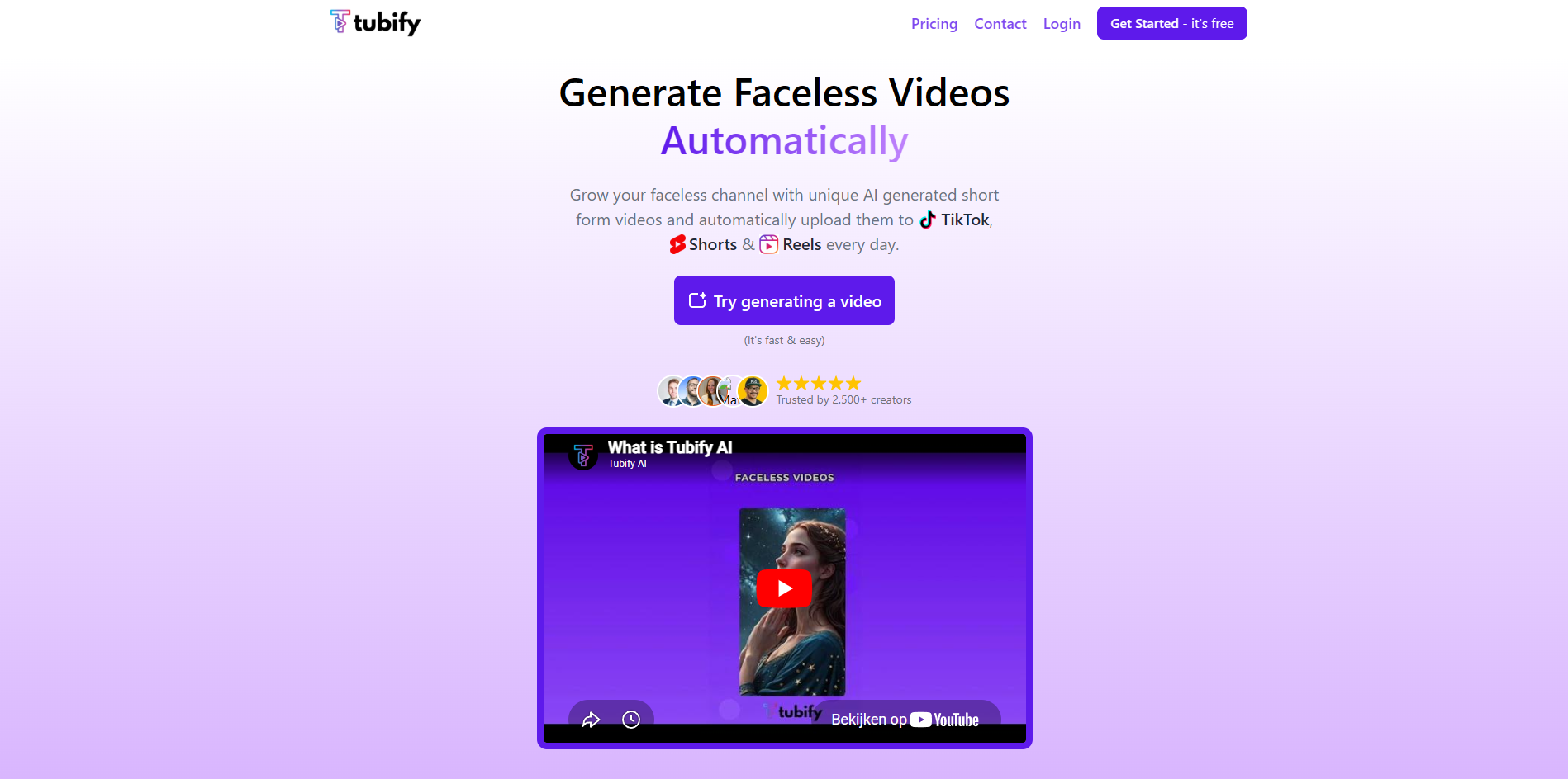 Screenshot of the Tubify AI website