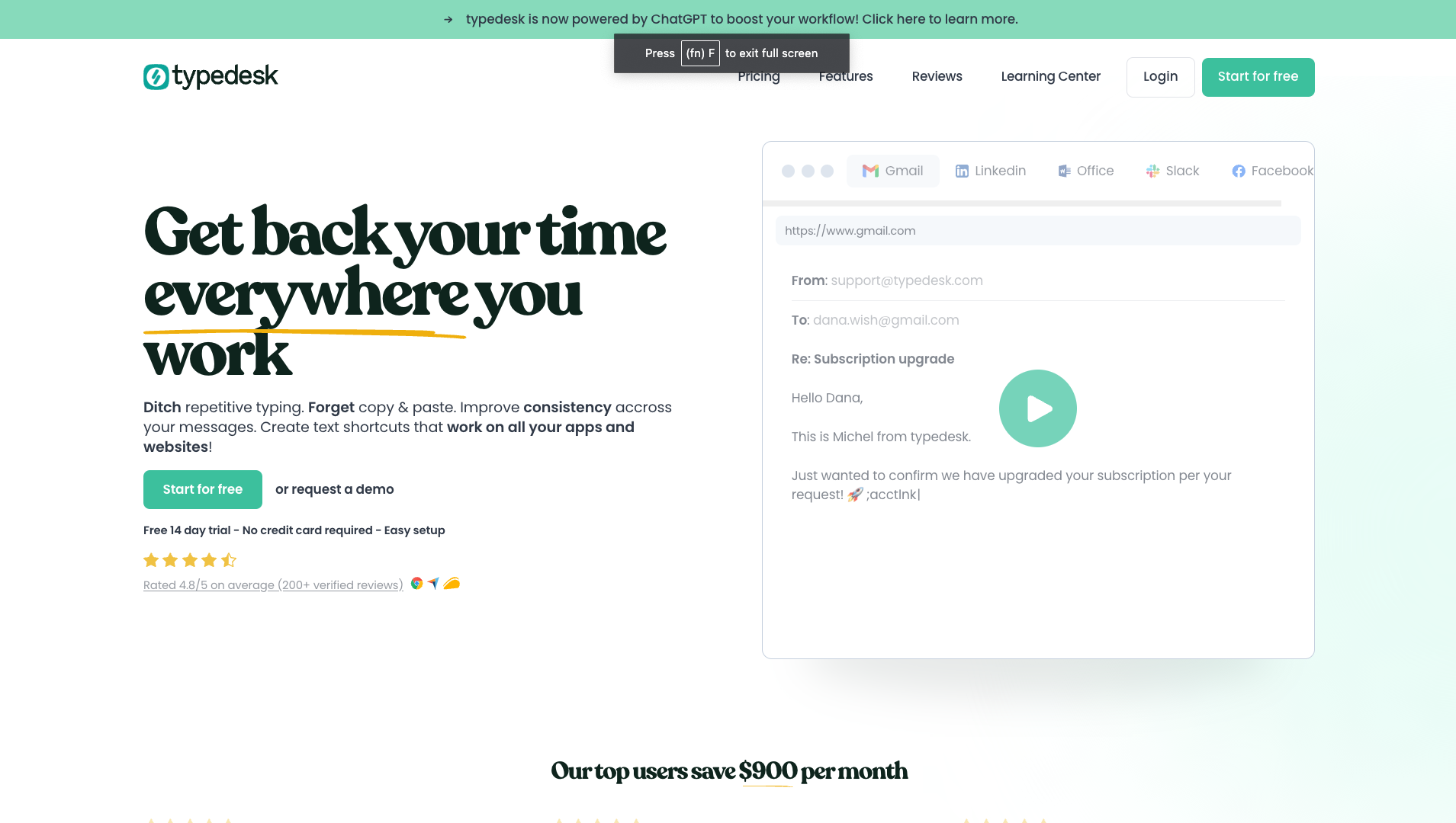 Screenshot of the Typedesk website