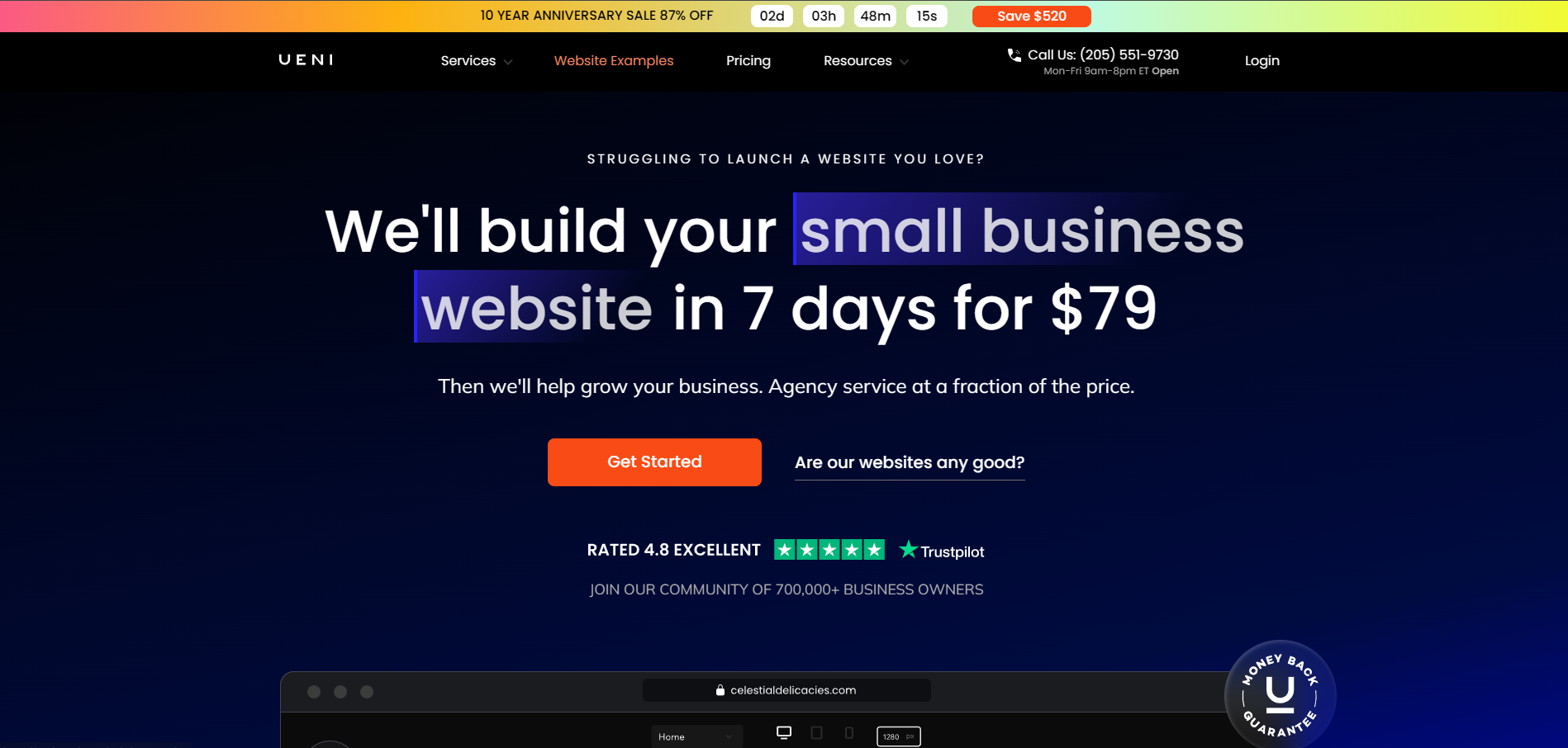 Screenshot of the Ueni website