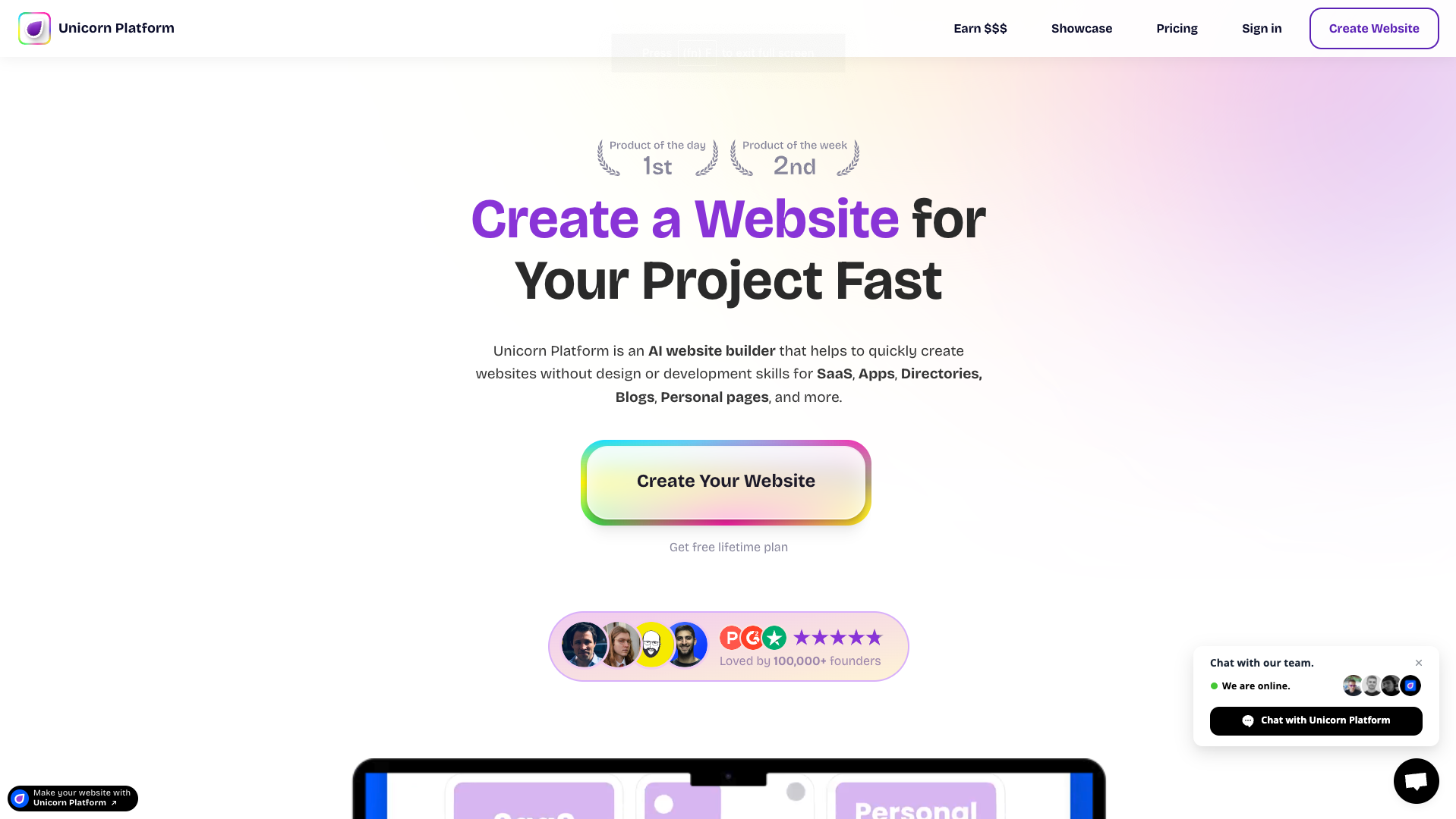 Screenshot of the Unicorn Platform website
