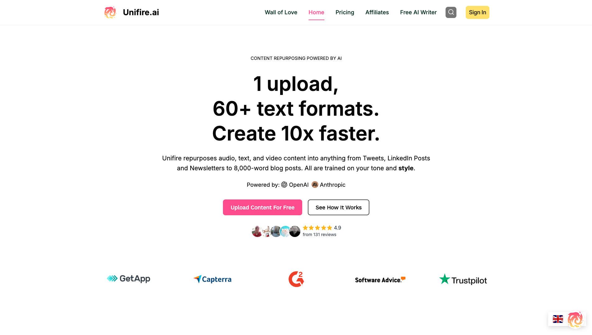 Screenshot of the Unifire website