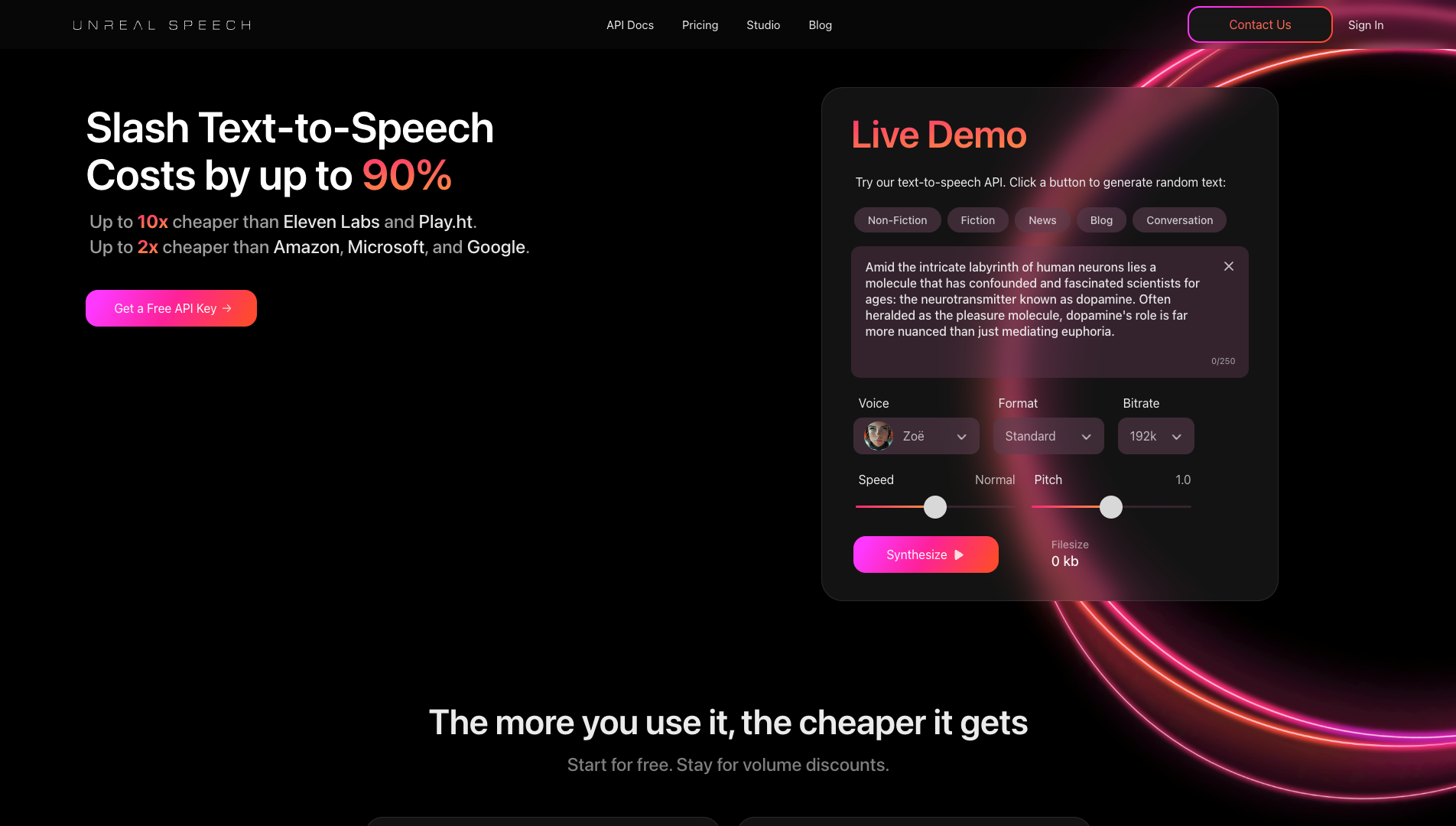 Screenshot of the Unreal Speech website