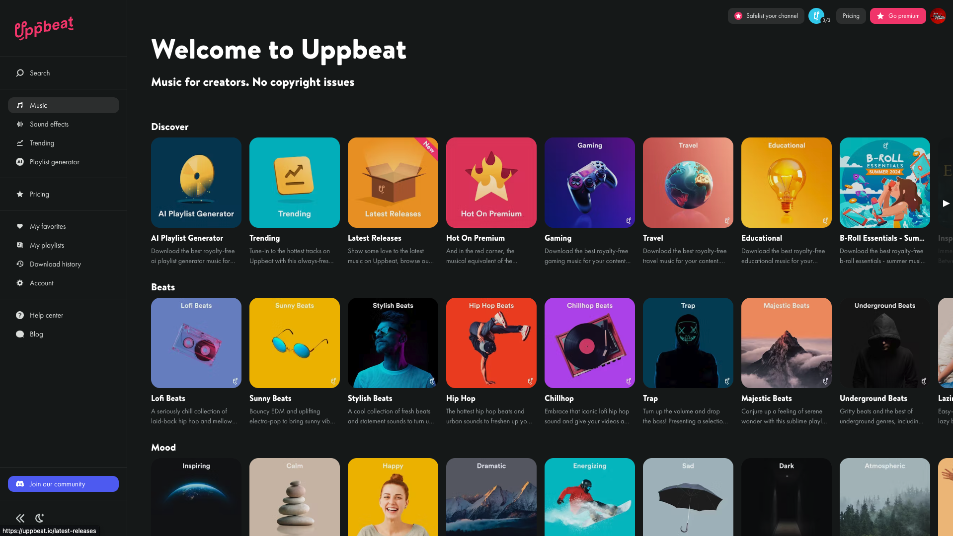 Screenshot of Uppbeat Homepage