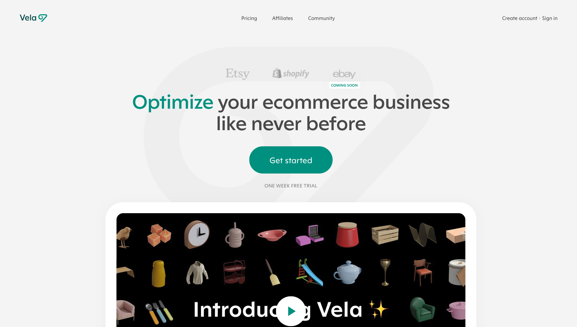 Screenshot of the Vela website
