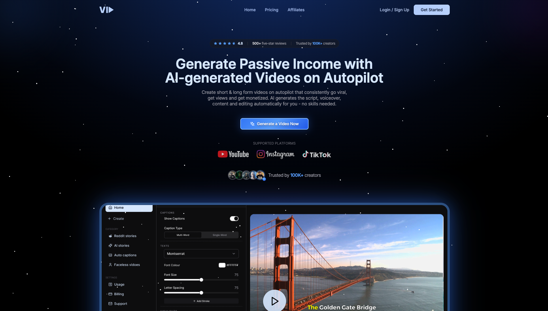 Screenshot of the VidAI website