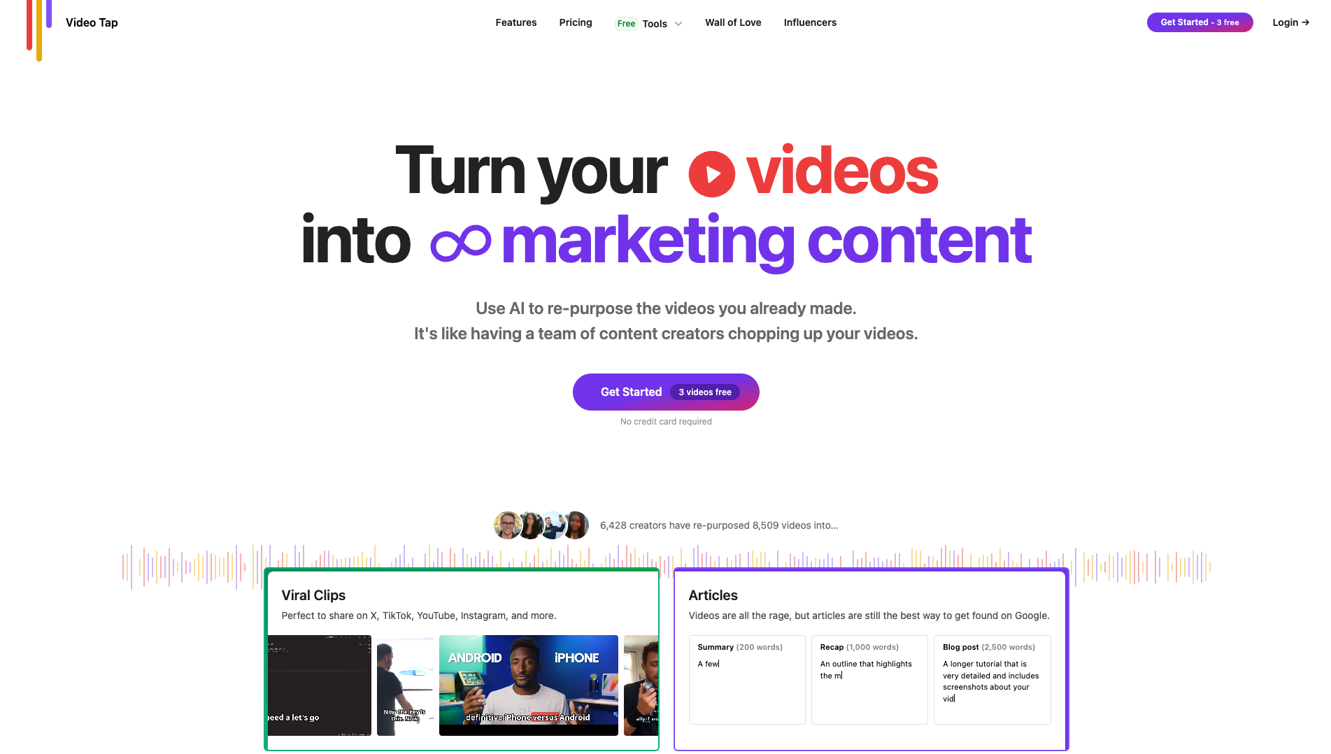 Screenshot of the Video Tap website