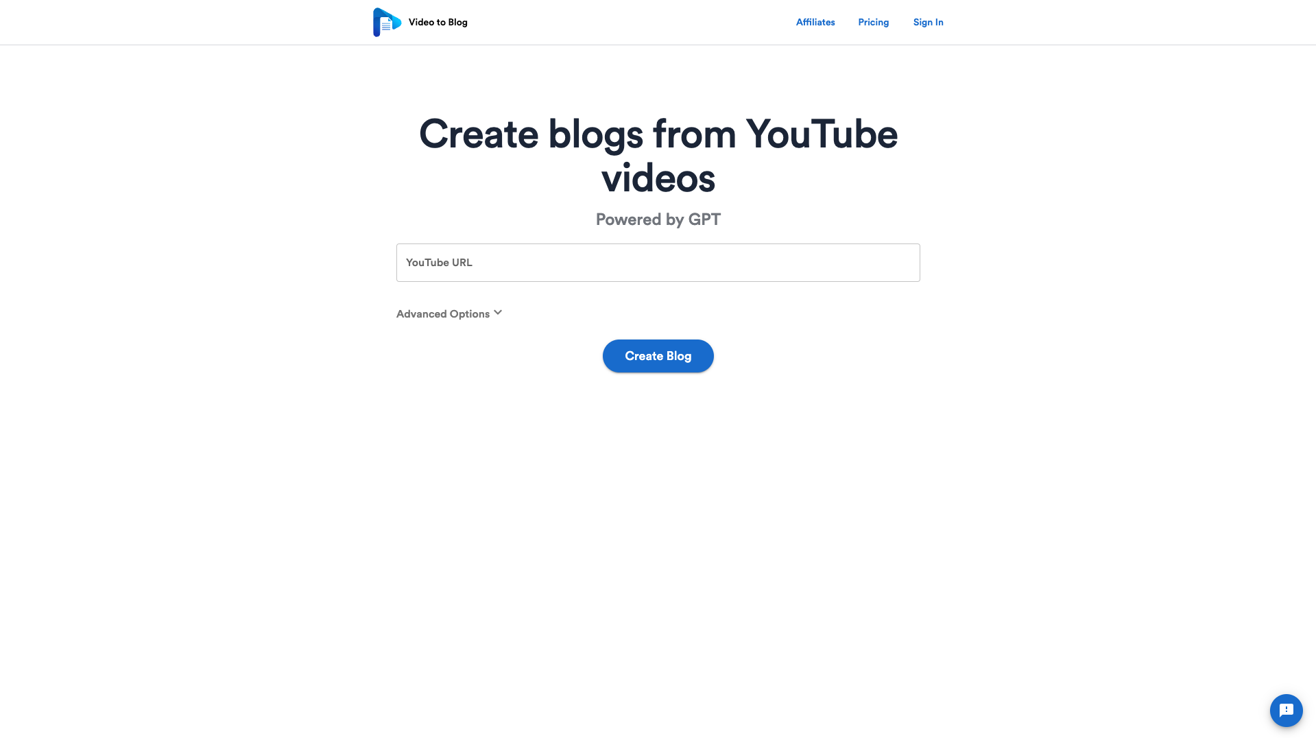 Screenshot of the VideoToBlog website