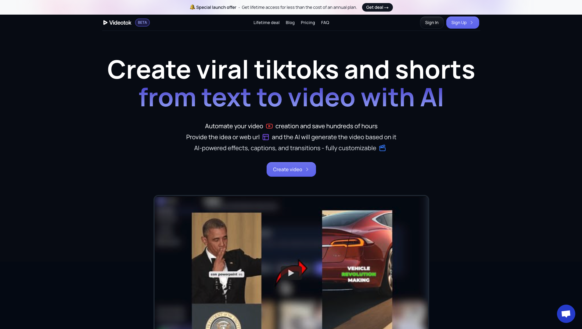 Screenshot of Videotok Homepage
