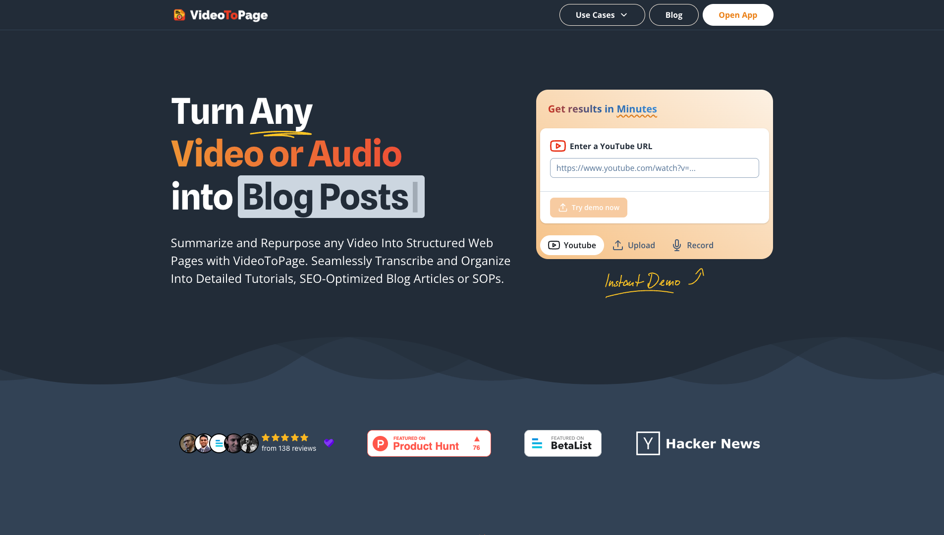 Screenshot of the VideoToPage website