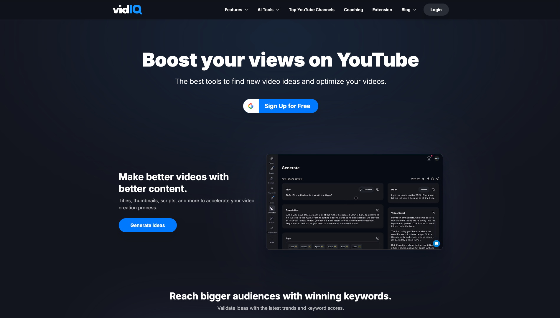 Screenshot of the vidIQ website