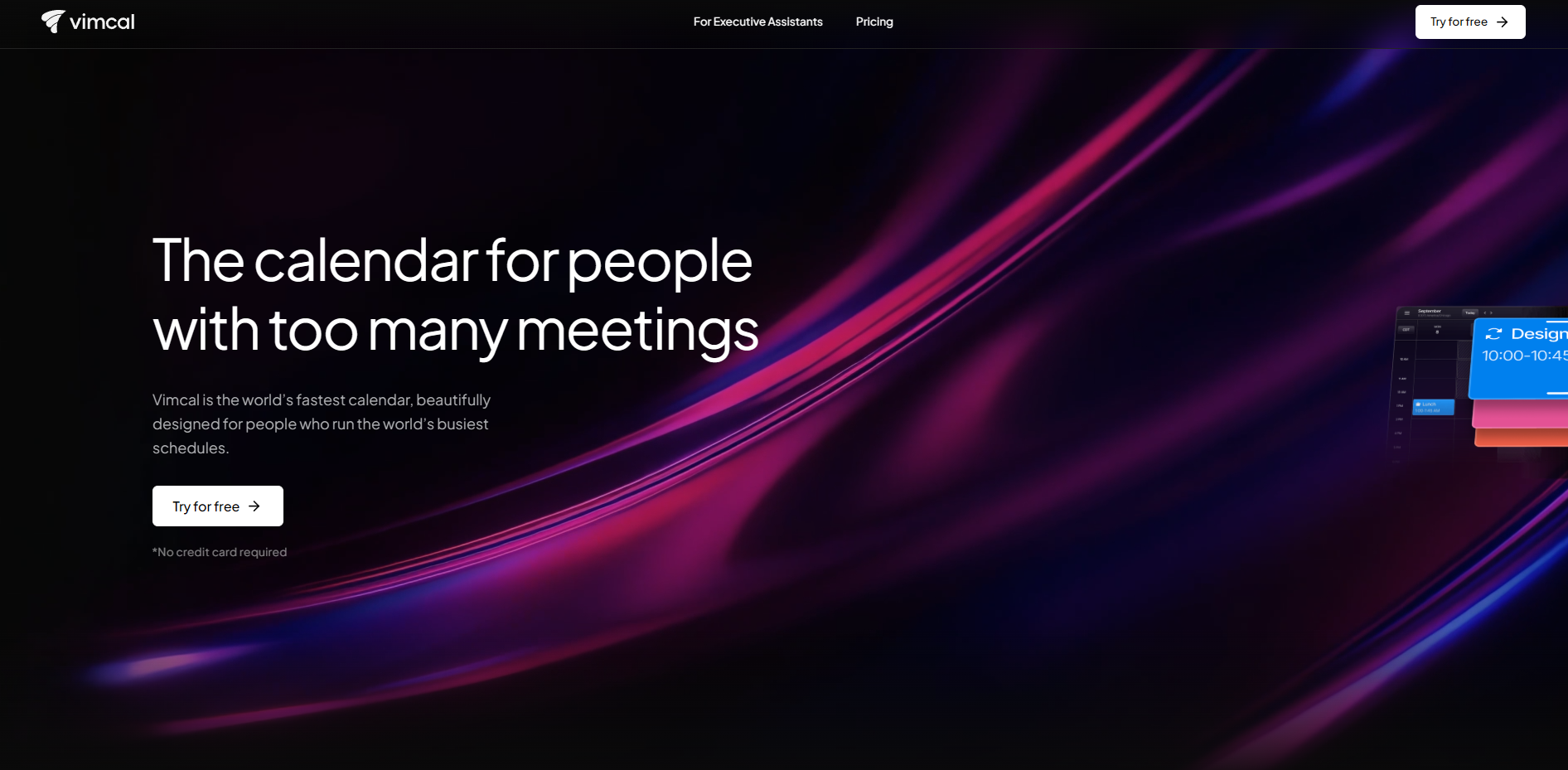 Screenshot of the Vimcal website