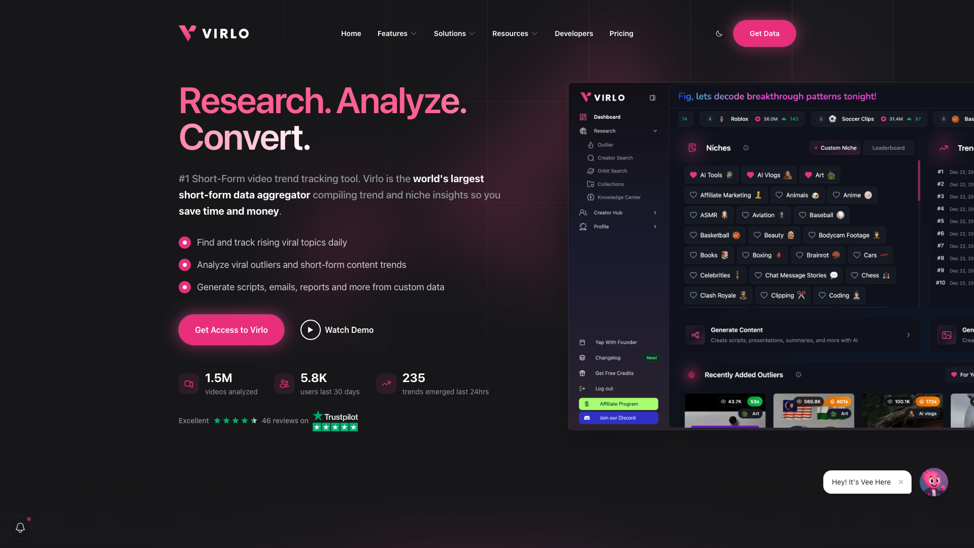 Screenshot of the Virlo website