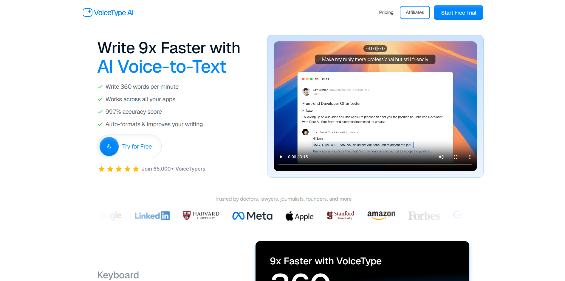 Screenshot of the VoiceType AI website