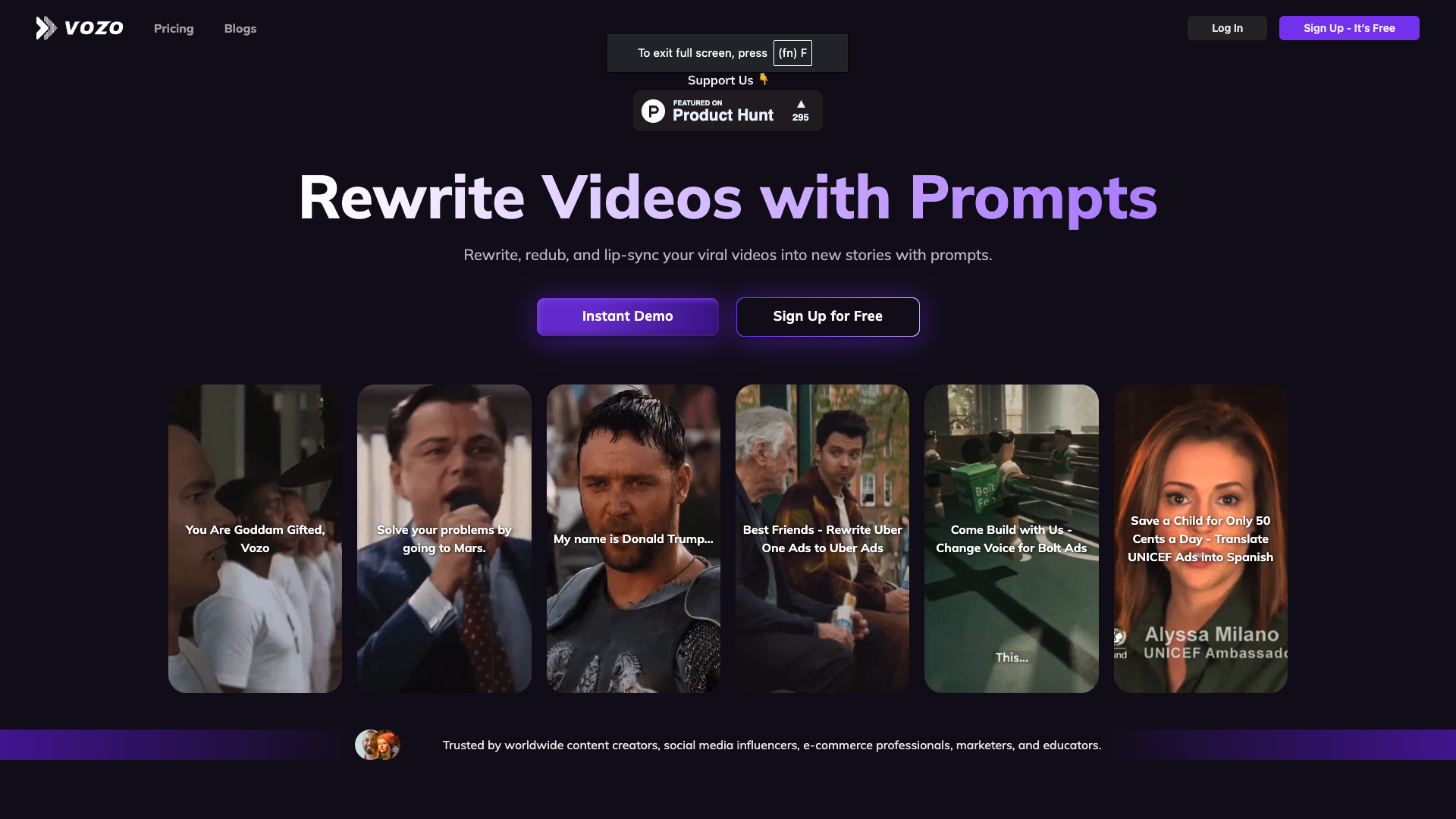 Screenshot of the Vozo AI website