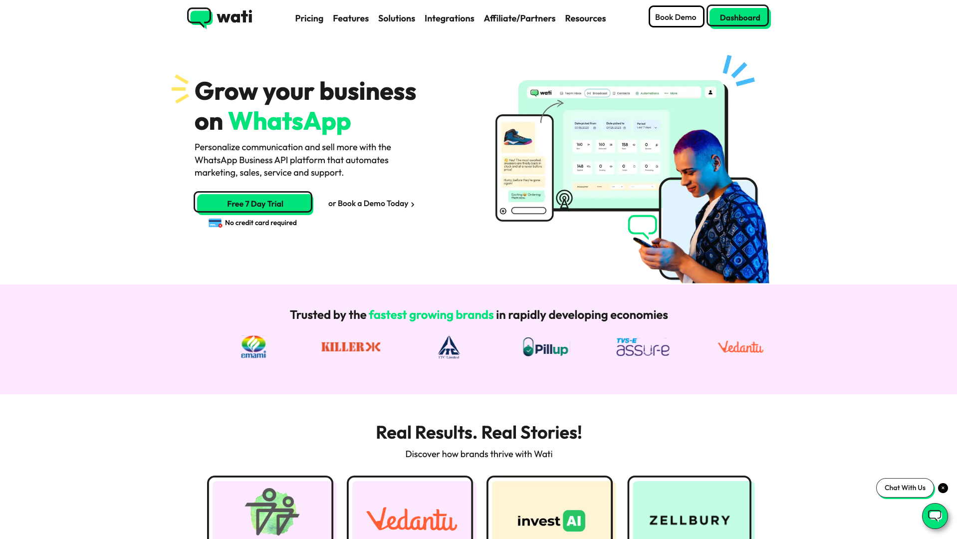 Screenshot of Wati Homepage