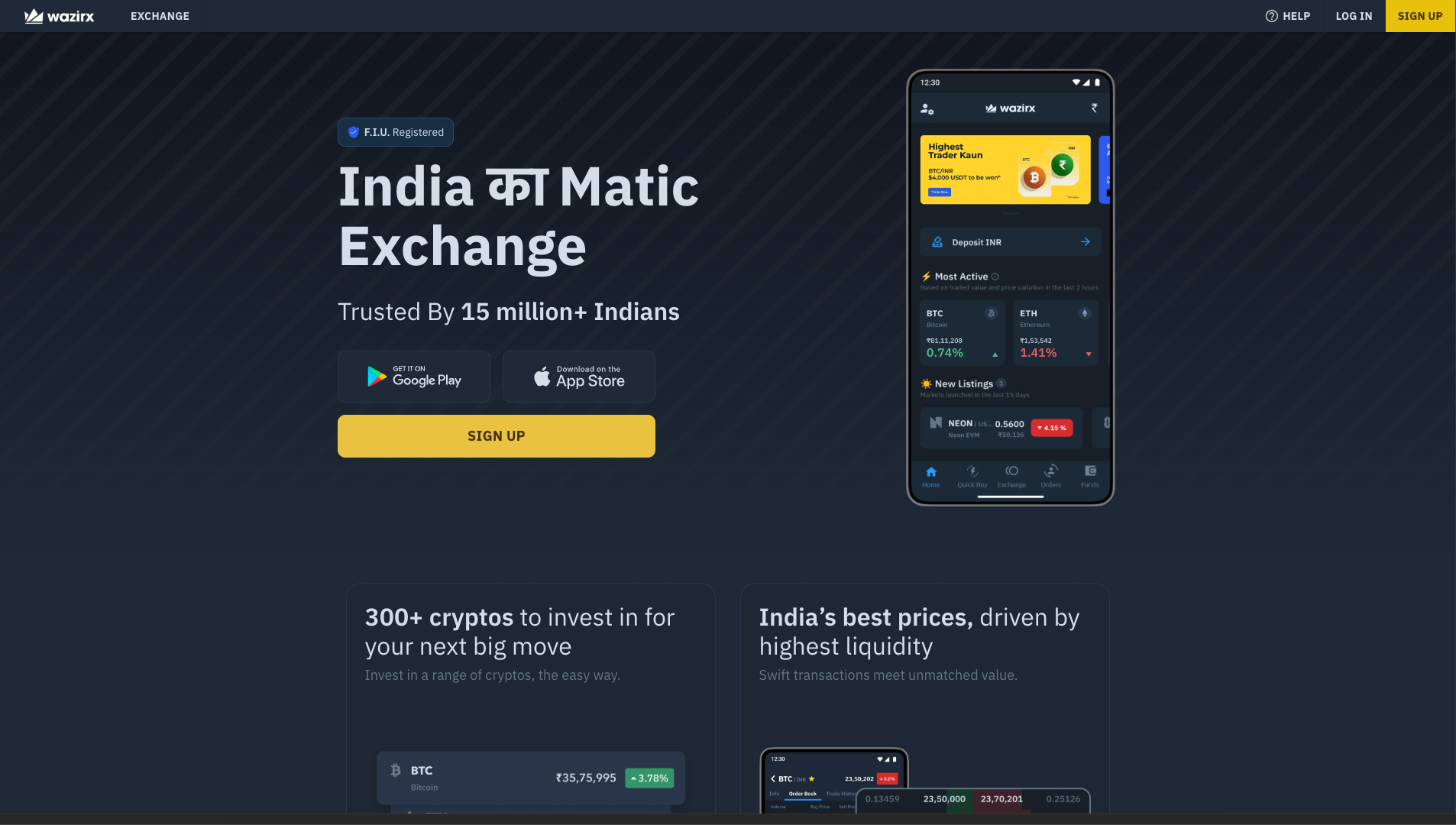 Screenshot of the WazirX website
