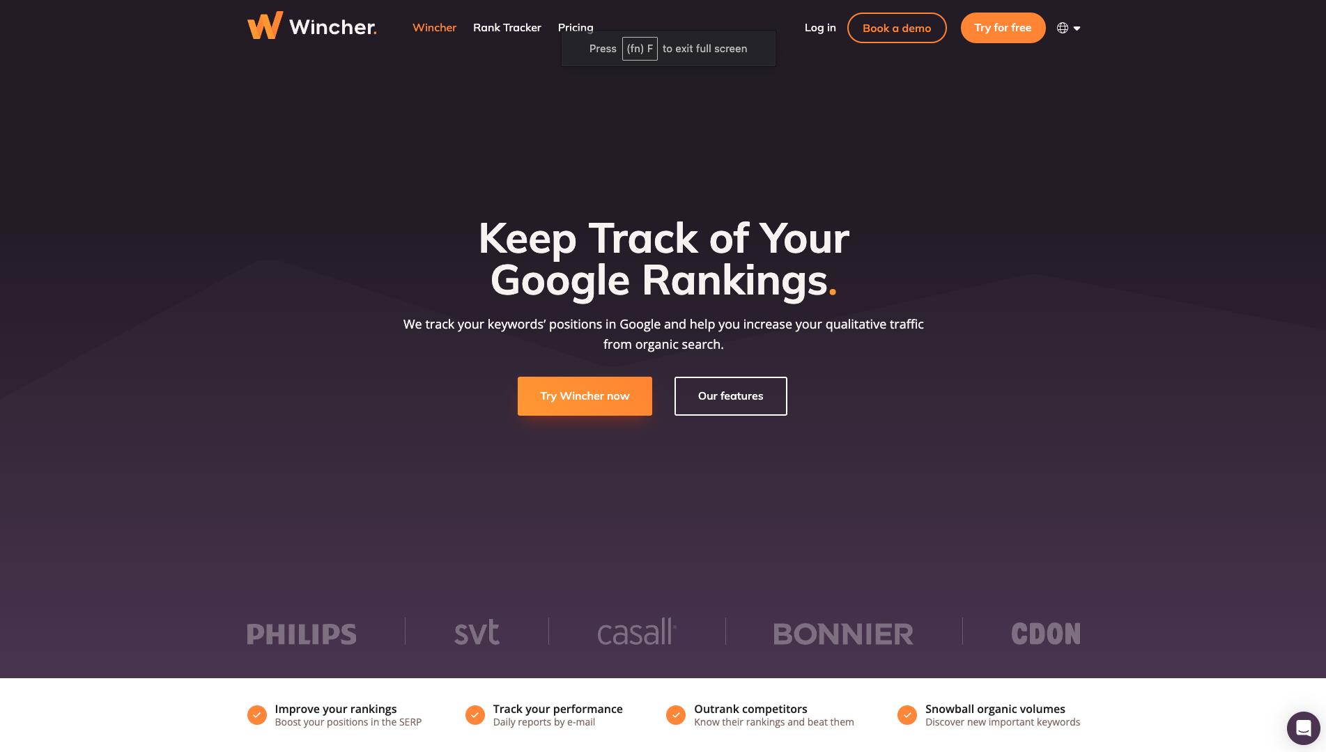 Screenshot of the Wincher website