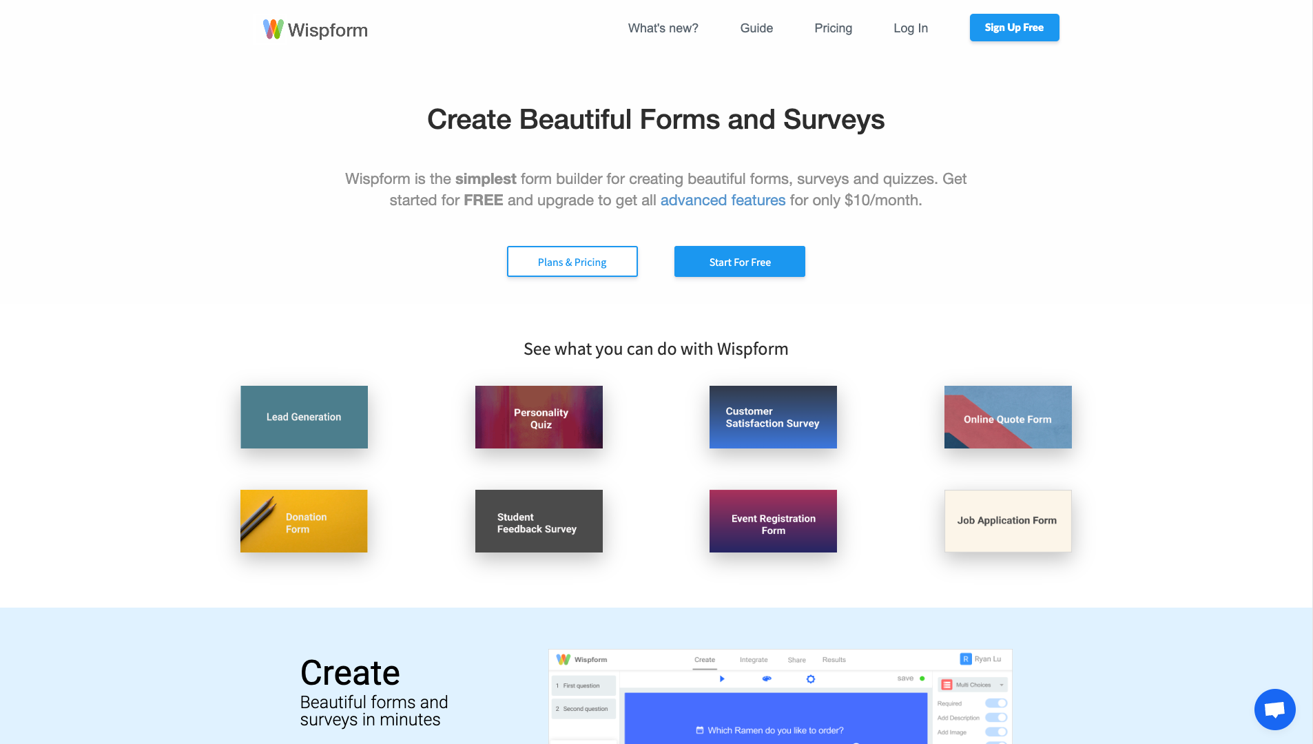 Screenshot of Wispform Homepage