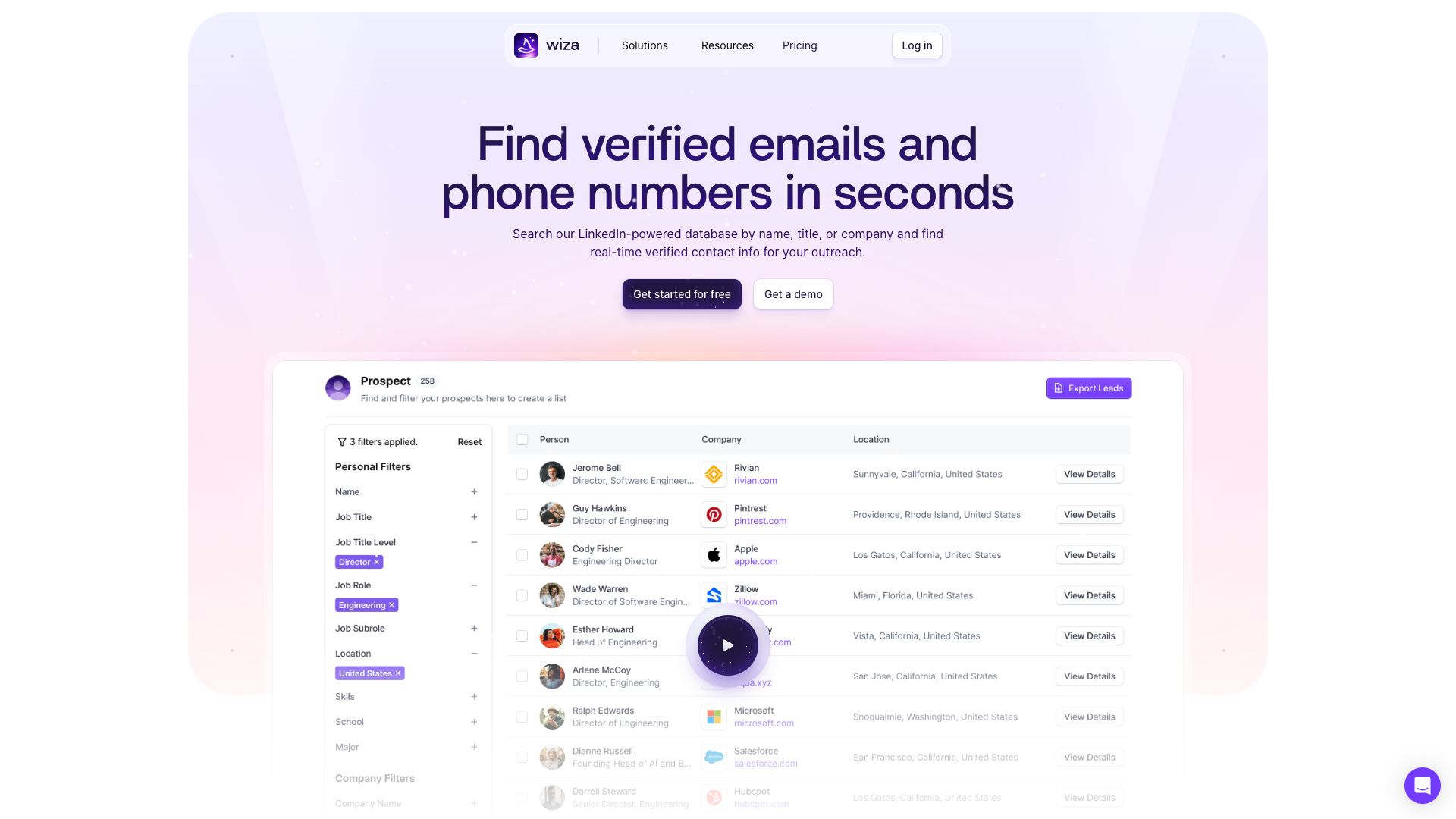 Screenshot of the Wiza website