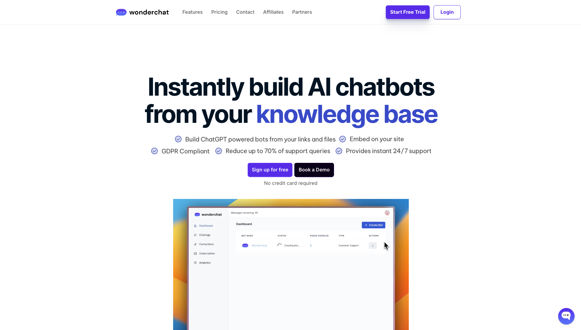 Screenshot of the Wonderchat website