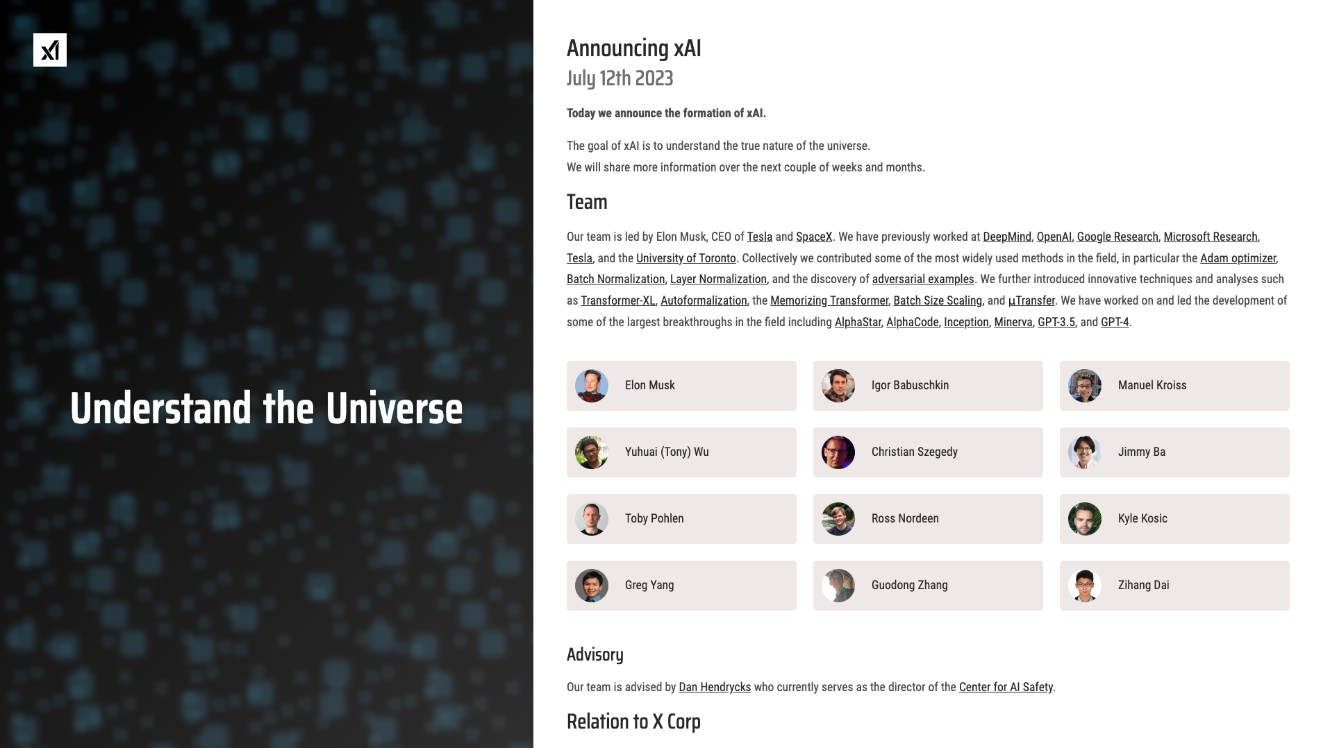 Screenshot of the xAI website