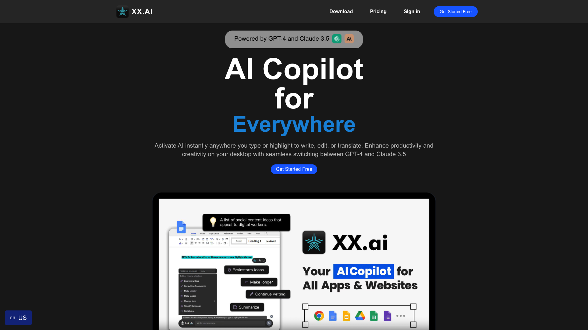 Screenshot of the XX.ai website