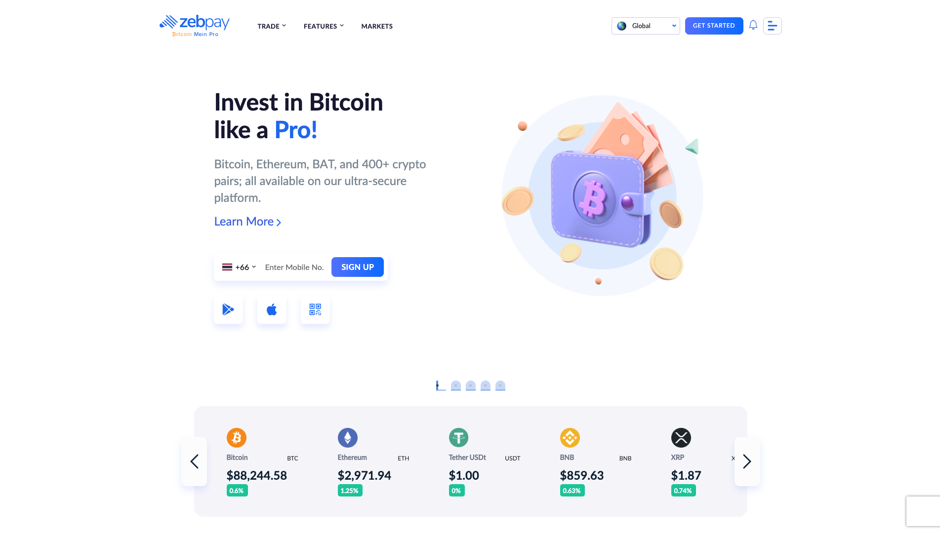 Screenshot of the ZebPay website