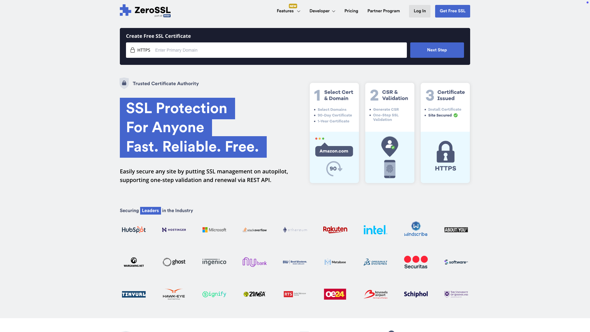 Screenshot of ZeroSSL Homepage