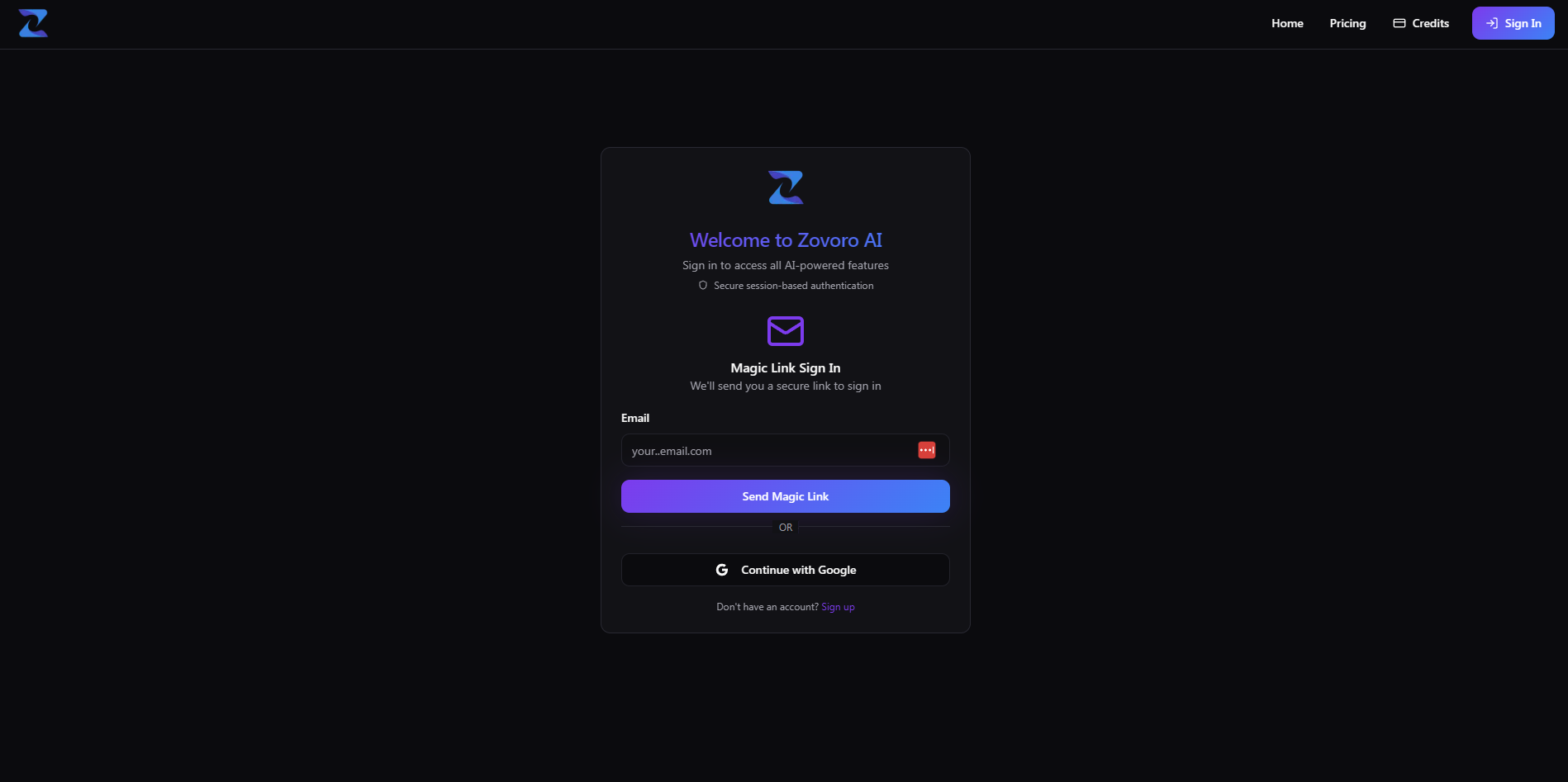 Screenshot of the Zovoro website