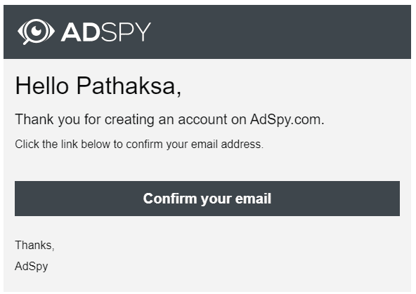 AdSpy Confirmation Mail